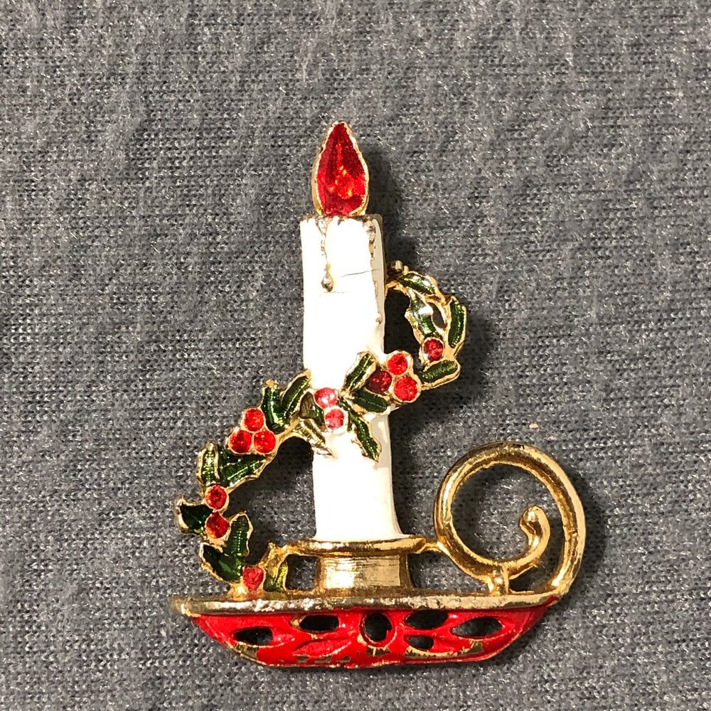 Vintage Christmas Candle Brooch Gold Tone Enamel 1.5" Pin Holly Berries